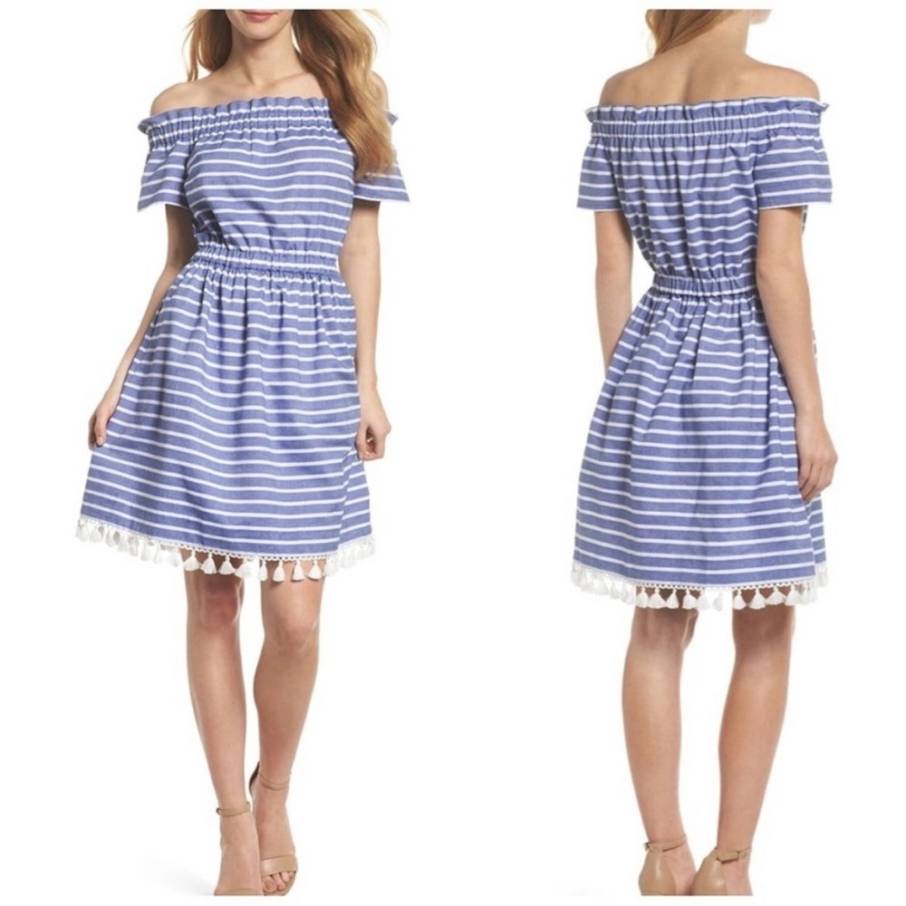 Eliza J Blue and White Stripe Off The Shoulder Pom-Pom Dress
